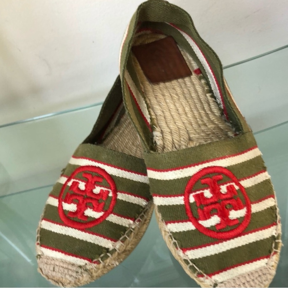 Tory Burch Green / Red Striped Canvas
Espadrille flats